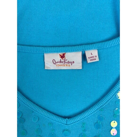 Quacker Factory women's large light blue v-neck‎ 3/4 sleeve sequin shimmer top - Picture 7 of 8